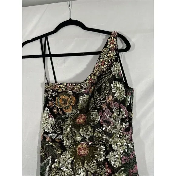NWT $698 Mac Duggal [ 4 ] 49574 Embellished Floral One Shoulder‎ Gown Black